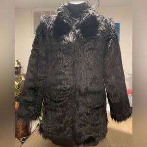 Tanming Black Faux Fur Collar Coat, Size Small
